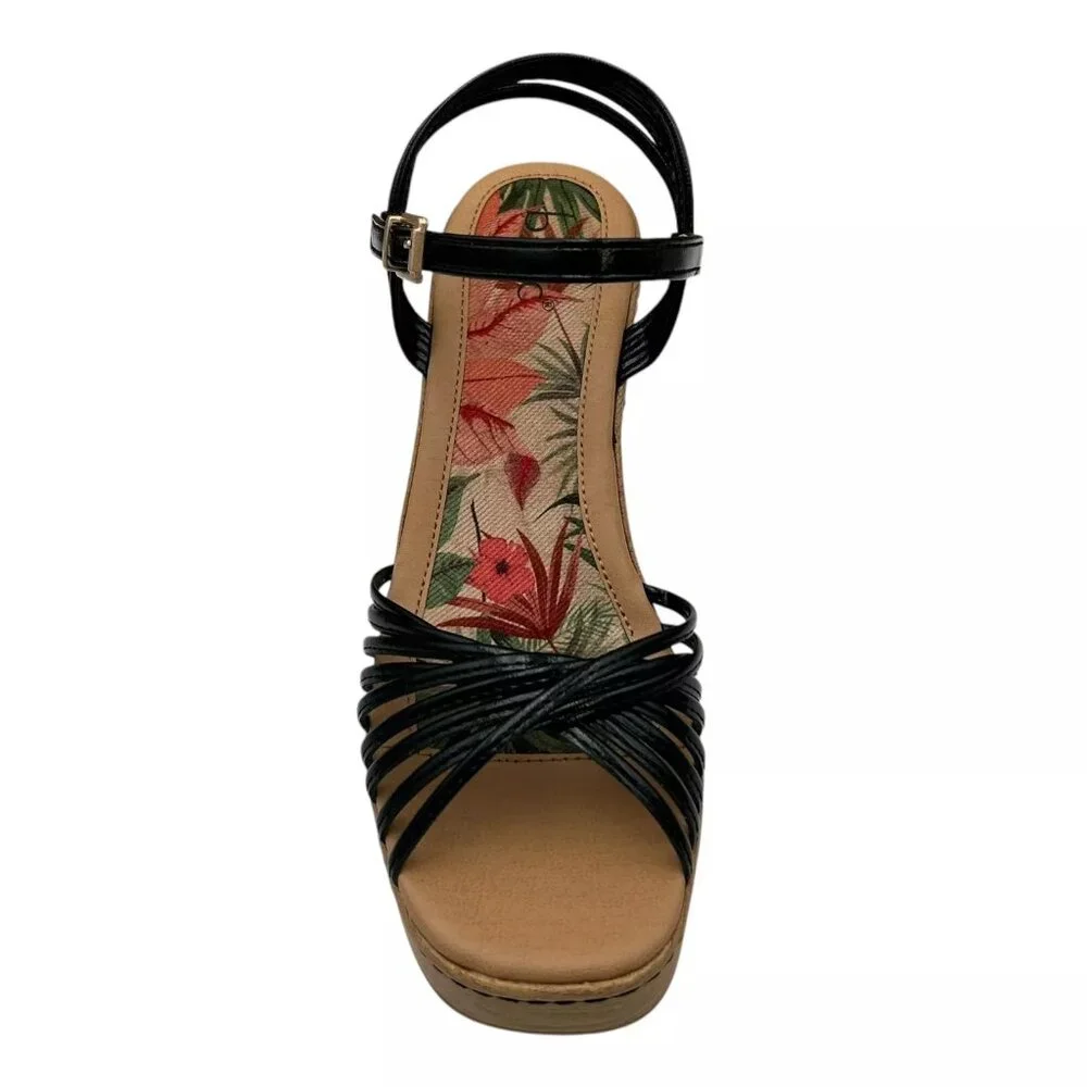 BOC Catalina Women's Platform Wedge Sandal Size 7 Black/Tan Glossy Straps‎ Twist